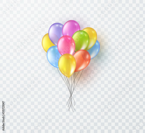 Balloon bunch isolated on transparent background. Vector realistic colorful festive 3d helium baloons template for anniversary, birthday party design