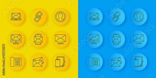 Set line Telephone, Monitor and envelope, Mobile, Phone graphic tablet, Envelope, Laptop with, Create account screen and Chain link icon. Vector