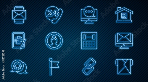 Set line Envelope, Monitor and envelope, Chat messages notification monitor, Create account screen, Mail e-mail, Mobile, Calendar and Telephone 24 hours support icon. Vector