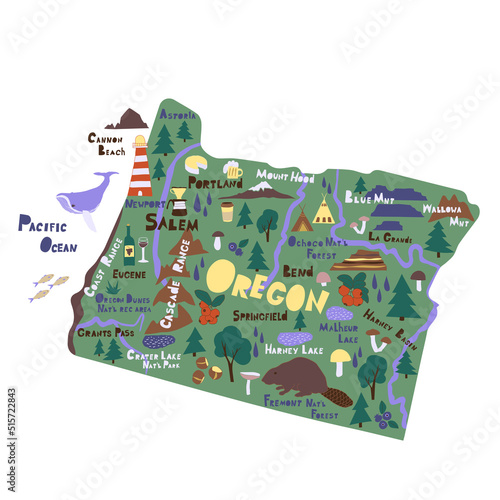 Oregon infographic flat hand drawn vector illustration. American state map isolated.