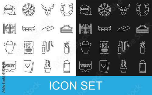 Set line Bullet, Quiver with arrows, Saloon door, Buffalo skull, Kayak canoe and paddle, Bang boom, gun Comic and Gold bars icon. Vector