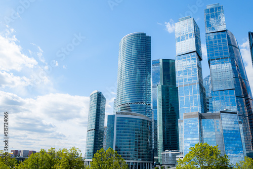Moscow-City and Moscow-river area  Russia. modern architecture. Moscow City and skyscraper Moscow International Business Center in daytime against the blue sky with place for text
