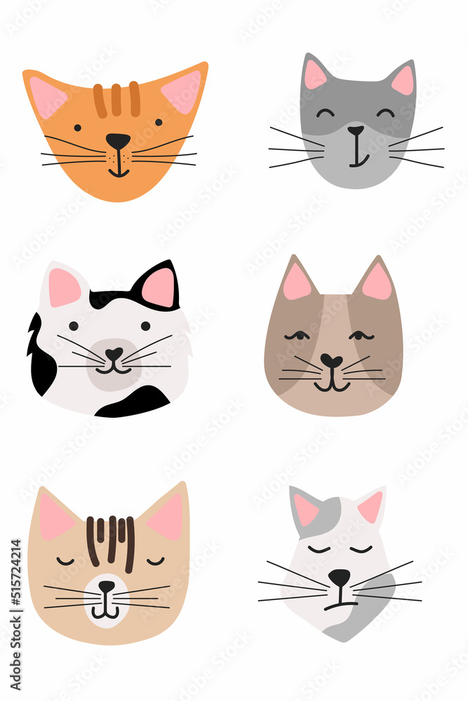 A set of cute cats. Beautiful kittens. Vector cat faces for postcard, notepad, cup and clothes