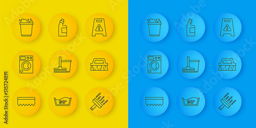 Set line Sponge, Washer, Mop and bucket, Rubber cleaner for windows, Brush cleaning, Bucket with foam, Wet floor and Bottle agent icon. Vector