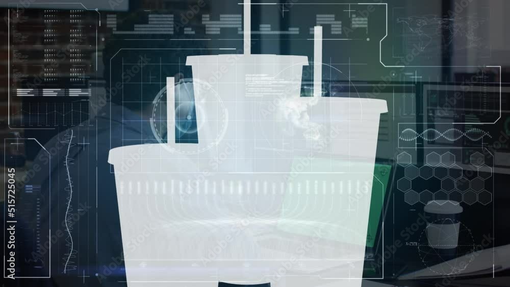 Animation of digital screen with white cups over african american male programmer with laptop Animation of digital screen with white cups over african american male programmer with laptop