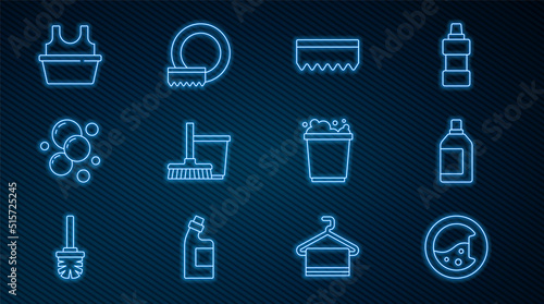 Set line Washer, Bottle for cleaning agent, Sponge, Mop and bucket, Soap water bubbles, Basin with shirt, Bucket foam and Washing dishes icon. Vector