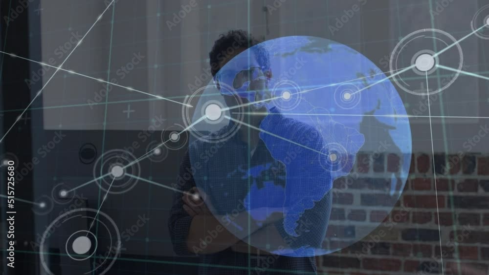 Animation of network of connections with globe over caucasian businessman