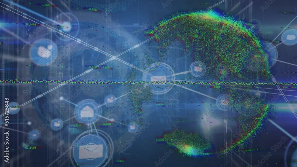 Animation of network of connections over data processing and globe on black background Animation of network of connections over data processing and globe on black background