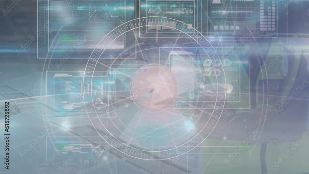 Animation of network of connections and scope scanning over caucasian worker and data processing Animation of network of connections and scope scanning over caucasian worker and data processing