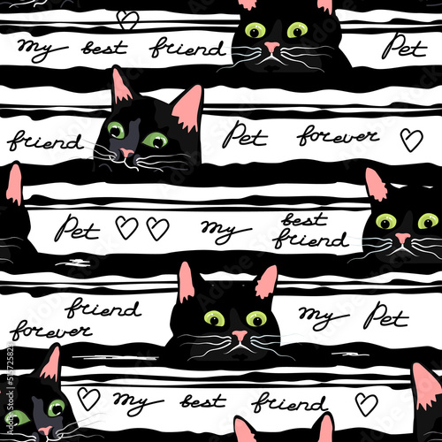Seamless pattern with cat heads on endless rough stripes background in Memphis style.Animals characters and hand lettered text.Vector hand drawn illustration.For printing on fabric and paper.
