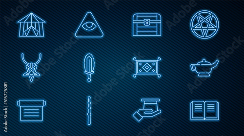 Set line Ancient magic book, Magic lamp or Aladdin, Antique treasure chest, sword fire, Pentagram on necklace, Circus tent, carpet and Masons icon. Vector