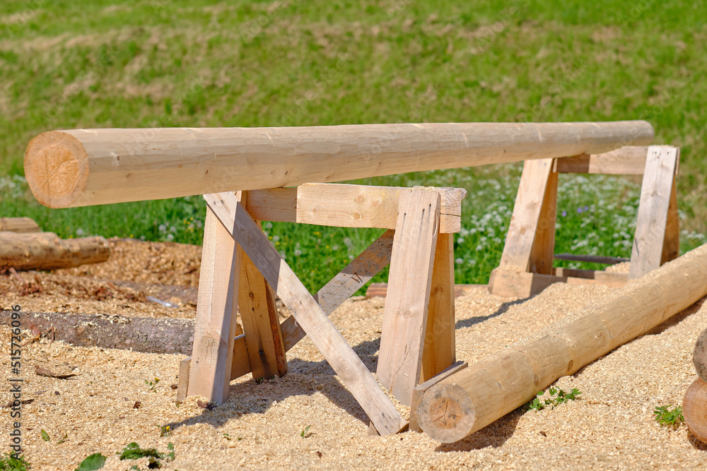 Pine log prepared for sawing on trestles