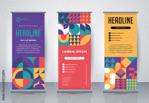 Retro Business Roll Up. Standee Design. Banner Template. Presentation and Brochure. Geometric x-banner and flag-banner advertising. Vector illustration.