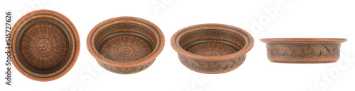 Set of beautiful clay pots from different angles isolated on white