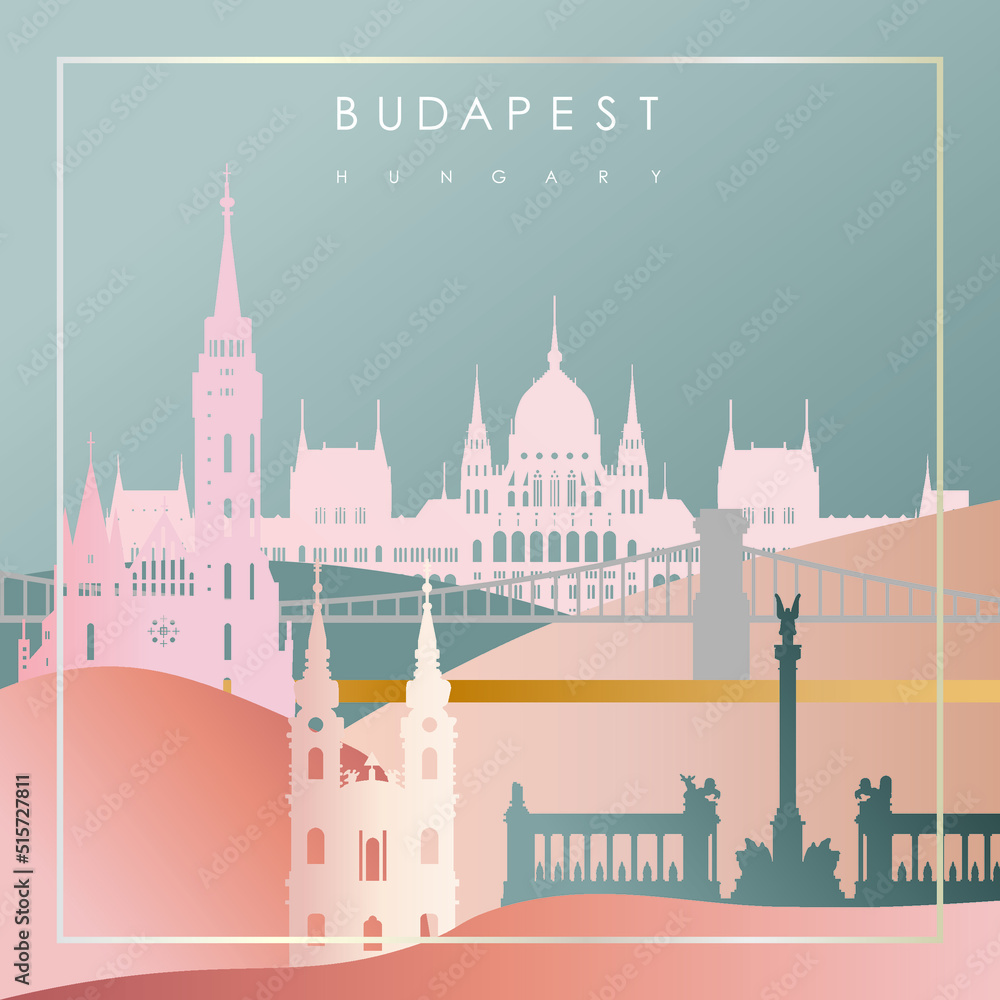 Fashionable information store about Budapest with Parliament, chain bridge, Heroes' Square monument, basilica, church