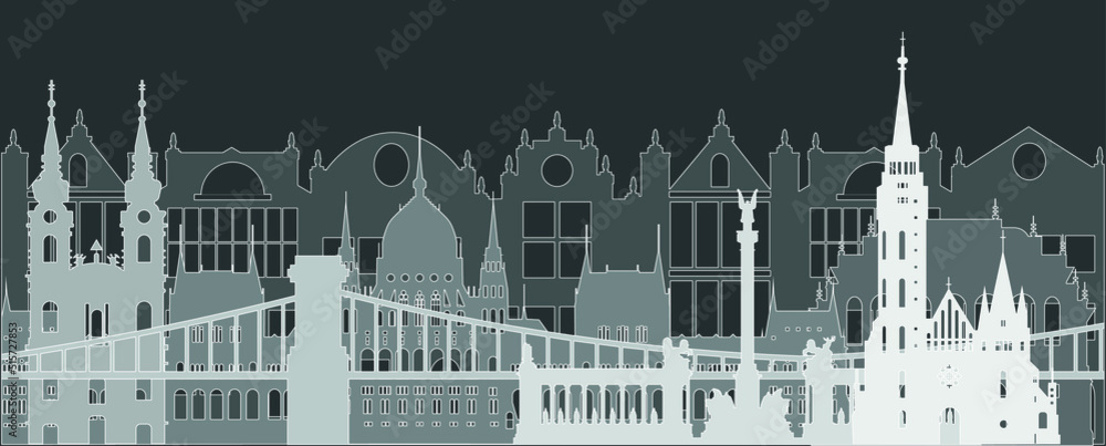 City Street flat design. Urban streetscape. Vector houses. Cartoon exterior architecture, touristic place, facade for illustration of business/ town-planning project, background for any cartoon scene