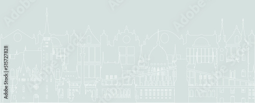 City Street flat design. Urban streetscape. Vector houses. Cartoon exterior architecture, touristic place, facade for illustration of business/ town-planning project, background for any cartoon scene
