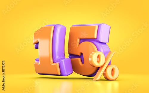 3d render orange and purple 15 percent number of promotional sale discount on yellow background