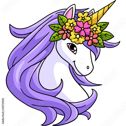 Unicorn With Flower Wreath On Head Cartoon 