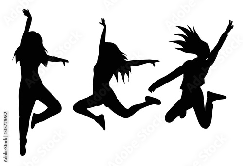 women jumping black silhouette, isolated, vector