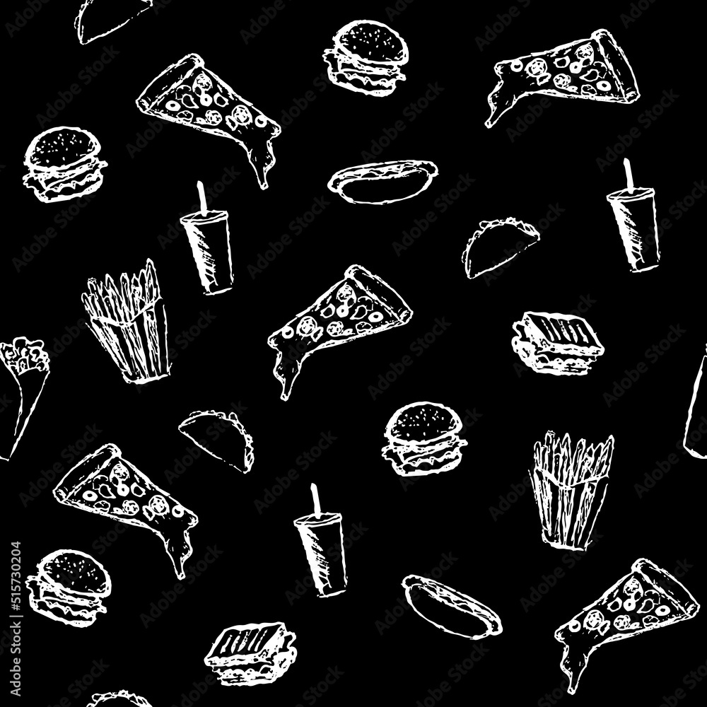 seamless pattern street food, sketch style. Pizza, french fries, hamburger, drink, taco, hot dog, sandwich. White symbols on a black background