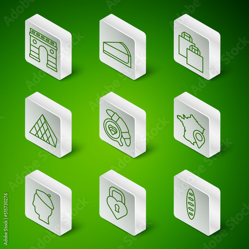 Set line French baguette bread, Castle in the shape of heart, Triumphal Arch, Coffee cup with croissant, Louvre glass pyramid, Cherry cheesecake slice, man and Map France icon. Vector