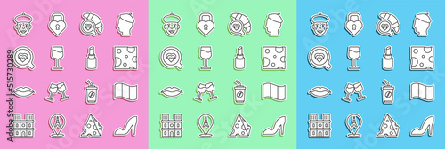 Set line Woman shoe, Flag France, Cheese, Coffee cup with croissant, Wine glass, French mime and Lipstick icon. Vector
