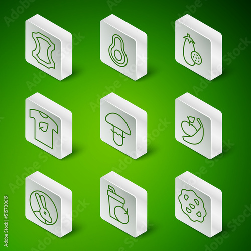 Set line Cookie or biscuit, Fresh smoothie, Leather, Mushroom, Vegan shirt, Avocado fruit, Rabbit and Apple and banana icon. Vector