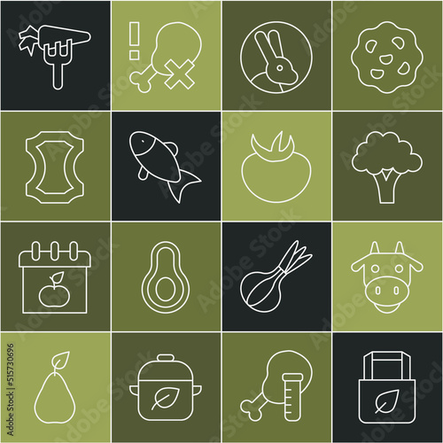 Set line Shopping bag with recycle, Cow head, Broccoli, Rabbit, Fish, Leather, Carrot and Tomato icon. Vector