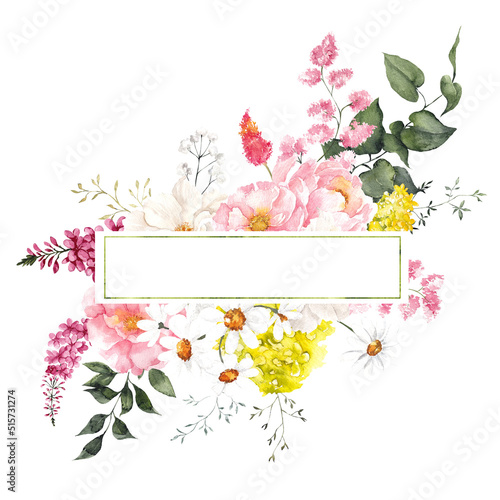Watercolor frame with wildflowers and herbs, isolated on white background