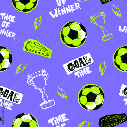 Abstract seamless football pattern with players men silhouette, grid. grunge sport wallpaper. Soccer ball grungy shape. Sportish repeated backdrop for boy,  textile, clothes, wrapping paper. 