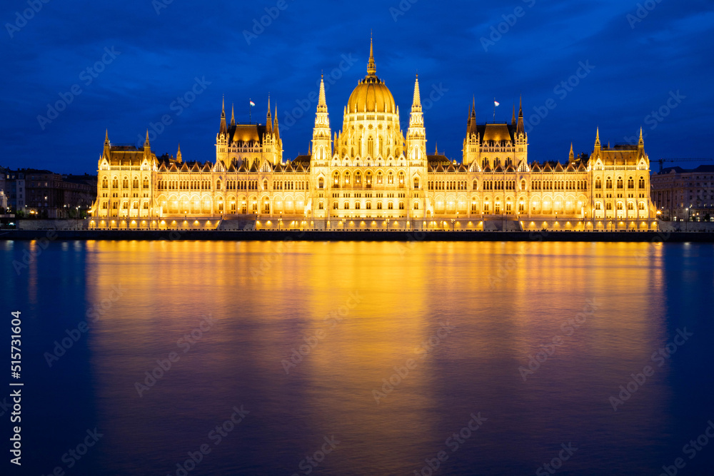 hungary  Budapest  twilight at Danube River with lit up Hungarian Parliament building