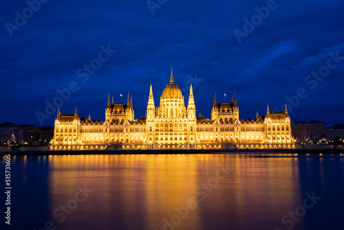 hungary Budapest twilight at Danube River with lit up Hungarian Parliament building