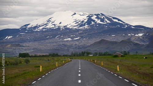 The snowcapped Mt Hekla volcano, South Iceland. 