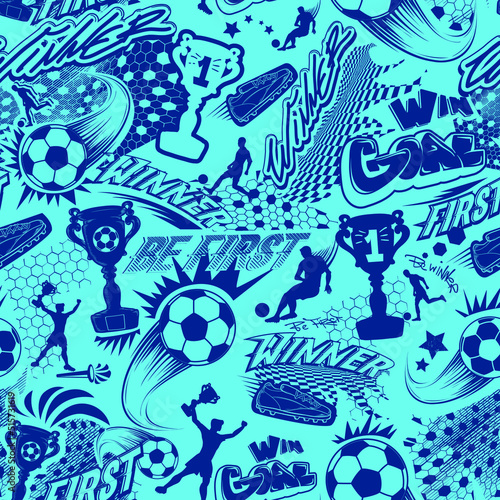 Abstract seamless pattern with soccer ball  footballer man silhouette  winner cup  hexagons grid  footballing boots  words drawing in street art style. Monochrome blue football repeat print.