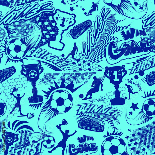 Abstract seamless pattern with soccer ball, footballer man silhouette, winner cup, hexagons grid, footballing boots, words drawing in street art style. Monochrome blue football repeat print.