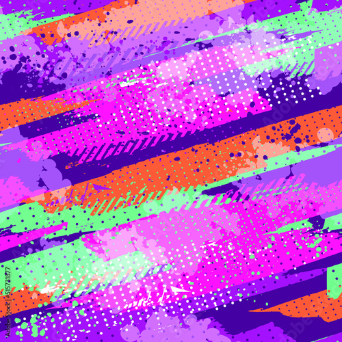 abstract seamless pattern with brush grunge track, dots, spray paint ink. Colorful repeat grungy background for sport textile, fashion clothes, wrapping paper.