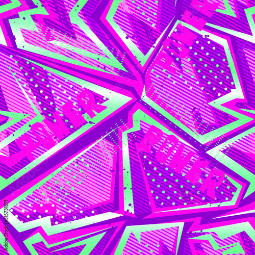 Vector abstract seamless geometric pattern. Grunge geometrical background with text Power, curved  lines and dots in green and pink Colors. 