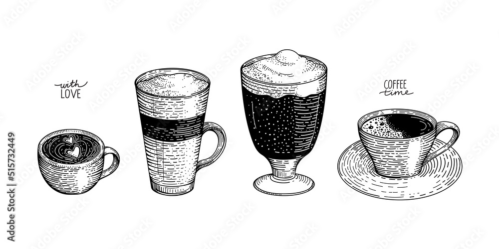 Sketch set of cups and glasses with coffee, espresso, cappuccino, latte
