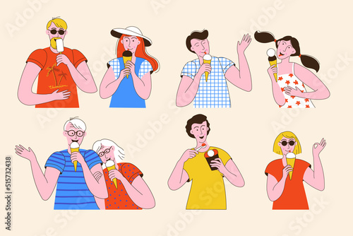 Different people eating ice cream and feeling happy. Men, women, young and old couples enjoying sweet frozen desserts. ector illustration set