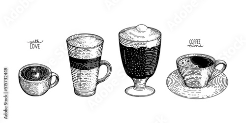 Sketch set of cups and glasses with coffee, espresso, cappuccino, latte. Vintage engraving vector illustration. Black and white hand drawn image.