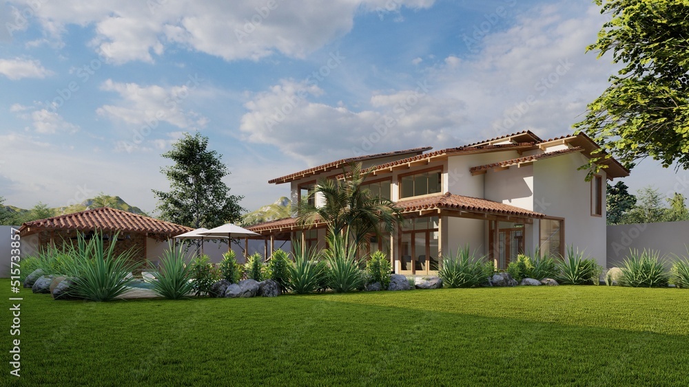 Facade of a beautiful country house, with a swimming pool Facade of a beautiful country house, with a swimming pool
