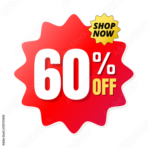 60% percent off(offer), shop now, red and yellow 3D super discount sticker, sale. vector illustration, sixty 