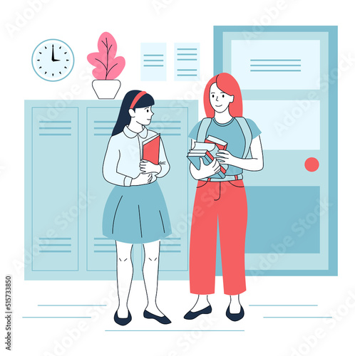 Two schoolgirl talking in the hallway. Flat school characters and interior. Education, study. communication.