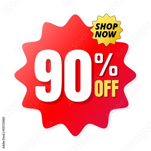 90% percent off(offer), shop now, red and yellow 3D super discount sticker, sale. vector illustration, ninety 