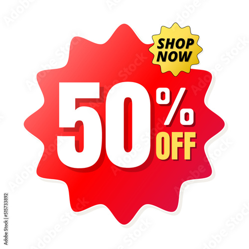 50% percent off(offer), shop now, red and yellow 3D super discount sticker, sale. vector illustration, Fifty 