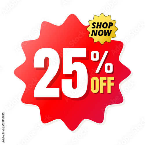 25% percent off(offer), shop now, red and yellow 3D super discount sticker, sale. vector illustration, Twenty-five 