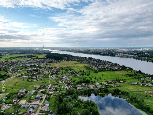 Riga aerial photography with drone, TV tower and river (photo from above)