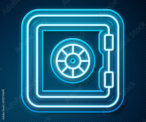 Glowing neon line Safe icon isolated on blue background. The door safe a bank vault with a combination lock. Reliable Data Protection. Vector