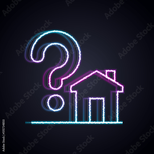 Glowing neon line House with question mark icon isolated on black background. Housing problems, questions. Vector